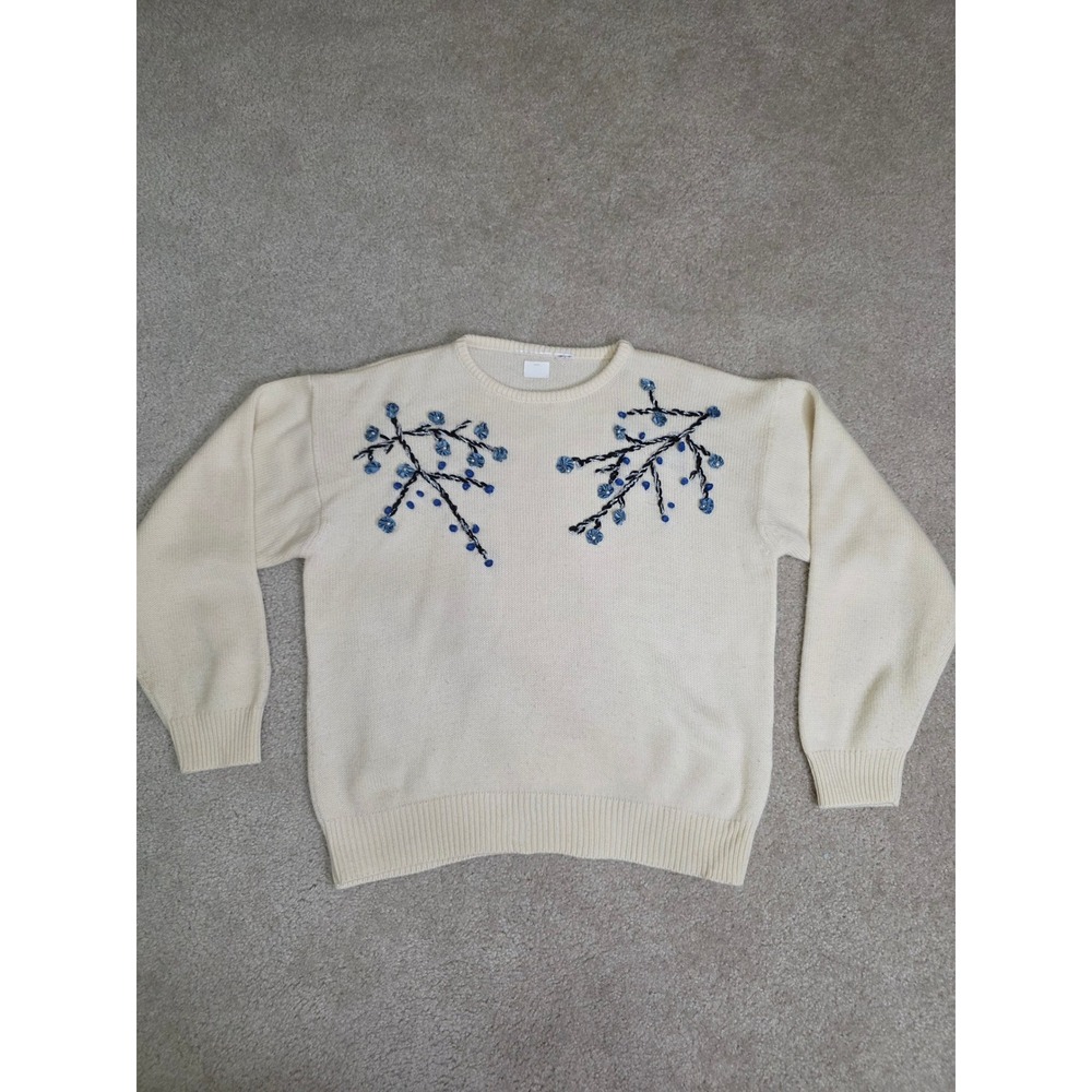 Vintage Cream Knit Sweater Blue Floral Ribbon Embroidery Cottagecore Crewneck